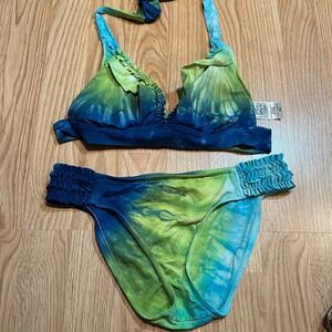 Lucky Brand Tie Dye Halter Bikini Swimsuit‎ Ruffled Blue Green Women's S/M Y2K